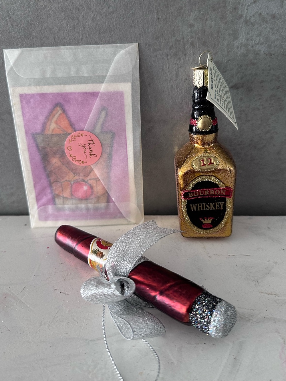 2 Glass Ornament's KURT ADLER CIGAR OWC BOURBON BOTTLE ORIGINAL WATERCOLOR ACEO